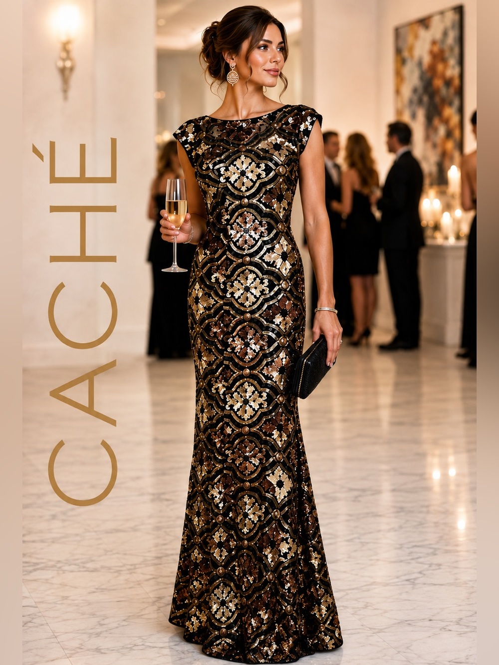 CACHÉ Vintage Beaded Sequin Illusion Neck Formal Evening Gown Black Gold Size 4
